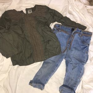 Green top with boyfriend jeans